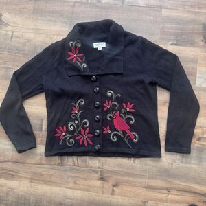 VTG Norm Thompson Knit Cardigan Sweater Christmas Poinsettia Cardinal Med Petite